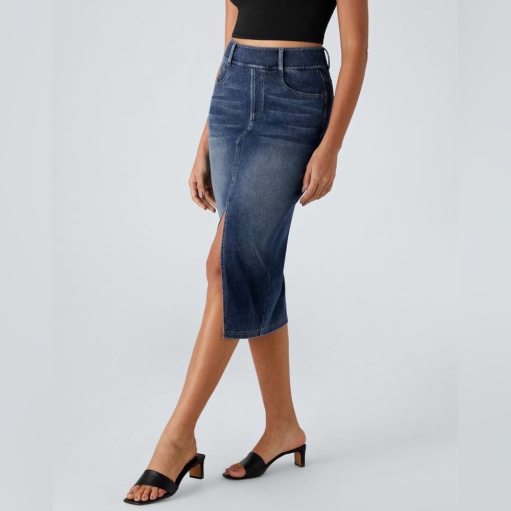 HALARA Dark Blue Denim Midi Skirt with Front Slit